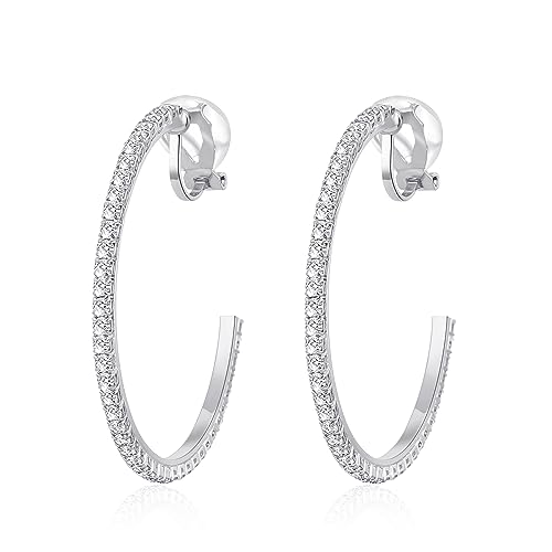 YOQUCOL 4.3CM(1.7in) Clip On Hoop Earrings Cubic Zirconia Non Pierced Ears Hoops for Women - color: Silver