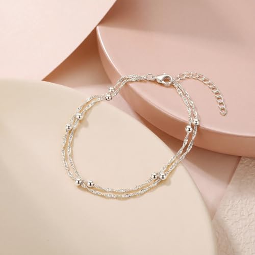 Dainty Layered Ankle Bracelets for Women Waterproof, 14K Gold/Silver Plated Anklets Beaded Satellite Chain Ankle Bracelet Set Trendy Beach Summer Fashion Jewelry Gift - style: Style 3-Silver