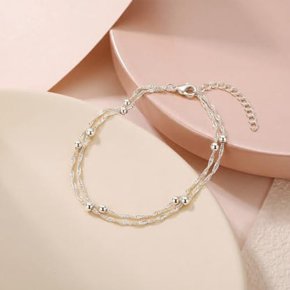 Dainty Layered Ankle Bracelets for Women Waterproof, 14K Gold/Silver Plated Anklets Beaded Satellite Chain Ankle Bracelet Set Trendy Beach Summer Fashion Jewelry Gift - style: Style 3-Silver