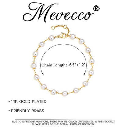 MEVECCO Dainty Chain Bracelets for Women, Layered and Charm Styles | 14K Gold Plated Brass, Select Cubic Zirconia Accents, Single and Multi-Row Structures for Refined Everyday Wristwear - style: Pearl Station