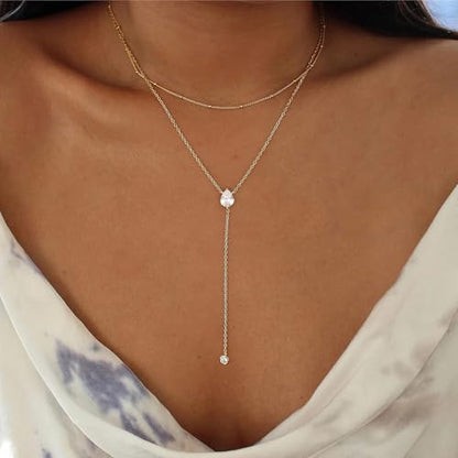 Lariat Necklace for Women, Dainty 14K Gold/Silver Plated Long Necklaces for Women Trendy Simple Layered Y-Shaped Pendant Necklace Adjustable Fashion Jewelry Gift - color: Gold, style: Two CZ Pendant