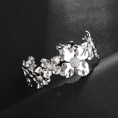 YWMAN Silver Flower Cuff Bracelet, Metallic Floral Chunky Bracelet for Women - color: Flower 1