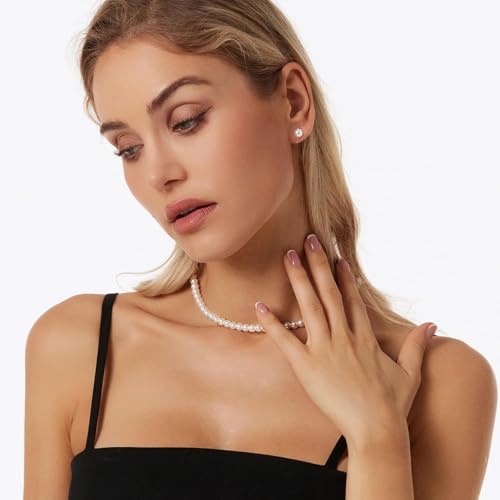 HERIER Gold Jewelry Set for Women - Dainty 14K Gold/Silver Plated Pearl Choker Necklace, Drop Earrings & Bracelets - Wedding Trendy Pearl Jewelry Gift - color: Pearl Necklace+Earrings-Silver