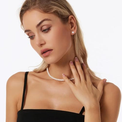 HERIER Gold Jewelry Set for Women - Dainty 14K Gold/Silver Plated Pearl Choker Necklace, Drop Earrings & Bracelets - Wedding Trendy Pearl Jewelry Gift - color: Pearl Necklace+Earrings-Silver