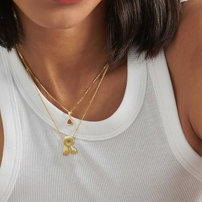 Bheop Initial Necklace for Women, Gold Silver A-Z Bubble Letter Necklace | Chunky Personalized Monogram Name Pendant, Cute Balloon Charm, Dainty Beaded Chain, Trendy Jewelry Gifts, Non Tarnish - color: Gold, style: R1
