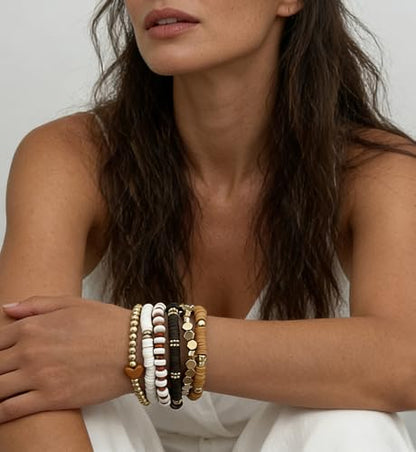 iF YOU 13pcs Boho Brown Gold Beaded Stretch Bracelets for Women, Heishi Clay Surfer Stackable Bracelet Stacks Summer Beach Jewelry - style: White & Brown Clay Bracelets