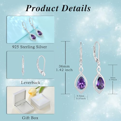Infinity Teardrop Earrings 925 Sterling Silver Dangle Drop Leverback Earrings Birthstone Jewelry for Women - color: Purple