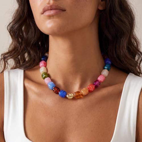 Beaded Necklaces for Women Boho Chunky Necklace Statement Big Resin Bead Choker Fashion Summer Beach Jewelry - color: Colorful