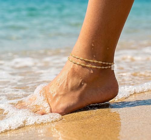 Stainless Steel Chain Ankle Bracelet for Women Adjustable Waterproof Anklet - color: Gold / Double Layer Twist