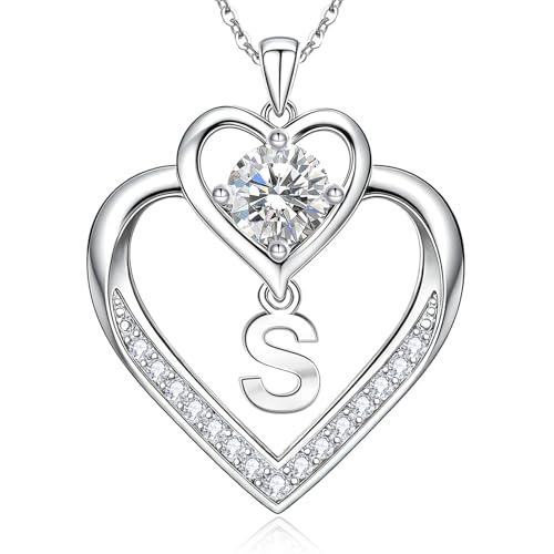 RIVIKO 1 Carat Moissanite Heart Initial Necklace for Women,Letter Pendant | 925 Sterling Silver Chain,Personalized Jewelry,Anniversary Birthday Gifts for Wife Friend Mom - color: Letter S