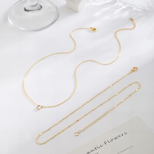 Layered Gold Necklace Set for Women Dainty Waterproof Cute Choker | 14K Gold Plated Minimalist Non Tarnish Lightweight CZ Pendant Pearl Twist Paperclip Chain Jewelry Gifts - style: 2PCS-Dotchain zircon-GD