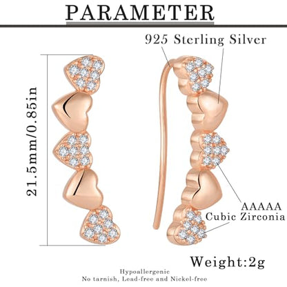 Heart Climber Earrings for Women 925 Sterling Silver White/Yellow/Rose Gold Plated Cubic Zirconia Ear Crawler Earrings Jewelry - color: Rose