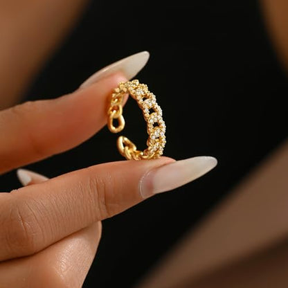 Adjustable Rings for Women 18K Gold Plated daisy Flower Butterfly Ball Cubic Zirconia Rings Dainty Open Stacking Ring - color: Link Chain-Gold