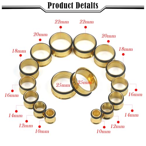 12G-25mm Single Flare Gauges Tunnels Plugs Stretching Set Kit 316L Surgical Steel Gauges Tunnle Plug for Ears 12G 10G 8G 6G 4G 2G 0G 00G 12mm 14mm 16mm 18mm 20mm 22mm 25mm - color: Gold Tone, size: 00G(10.0mm)-25mm