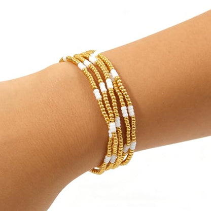 Dainty Gold Plated Pearl Crystal Beaded Bracelets Set for Women 14K Gold Plated Bead Pearl Beads Bracelet Stackable Paperclip Link Chain Bracelets Gold Plated Bracelets for Women Trendy Jewelry - color: Style10-Gold&White 5pcs