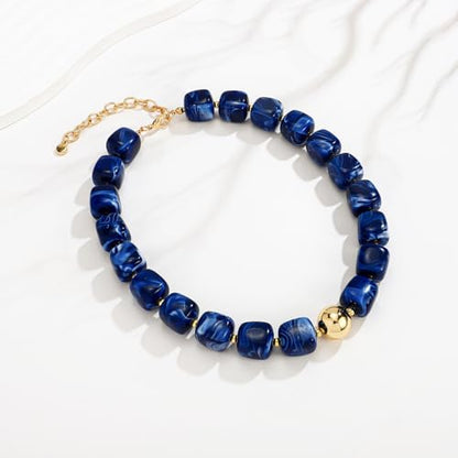 Chunky Colorful Beaded Choker Necklace for Women, Summer Beach Statement Resin Beads Necklace, Trendy Womens Summer Beach Jewelry Birthday Gifts for Vacation Holiday - color: Square Dark Blue Bead