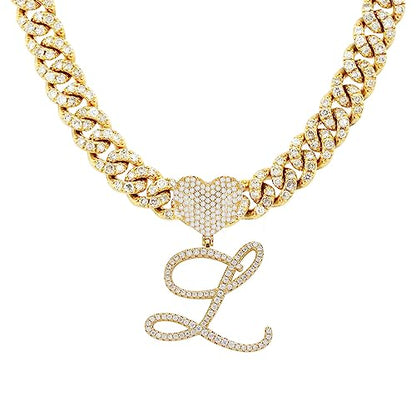 Initial Necklaces Silver Cuban Link Chain for Women Iced Out Chain with Heart Letter Pendants Custom Chain Name Necklace Hip Hop Jewelry Gift - color: L Gold
