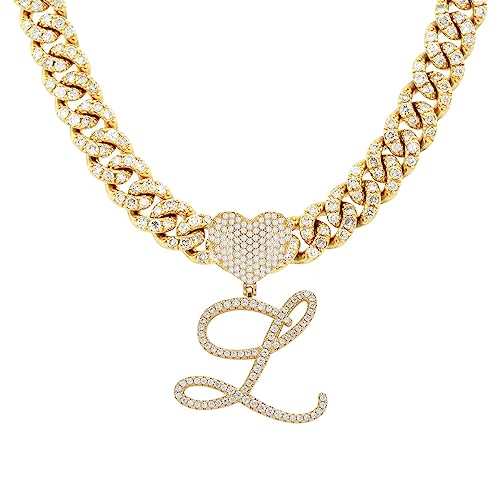 Initial Necklaces Silver Cuban Link Chain for Women Iced Out Chain with Heart Letter Pendants Custom Chain Name Necklace Hip Hop Jewelry Gift - color: L Gold