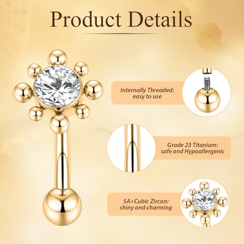 PEAKLINK G23 Titanium Belly Button Ring 14G Belly Piercing Jewelry Belly Barbell Navel Ring Navel Barbell Stud 8mm 10mm 12mm - color: Style2:Gold with Clear CZ