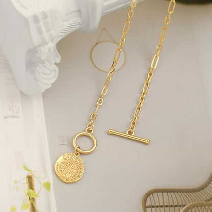 SOFYBJA Saint Benedict Necklace Drop 18K Gold Toggle Medallion Coin Cross Pendant Necklaces Religious Jewelry Catholic Gift for Women - color: Gold Irregular Cross