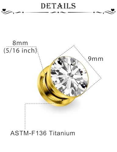 Astm F136 Titanium CZ Ear Gauges Screw Fit Flesh Tunnels Plugs Gauges Earring Expander Stretcher Ear Tunnels For Ears 10G 8G 6G 4G 2G 0G 00G Plug Earrings Body Piercing Jewelry For Women Men - color: 0G Gauges, Gold