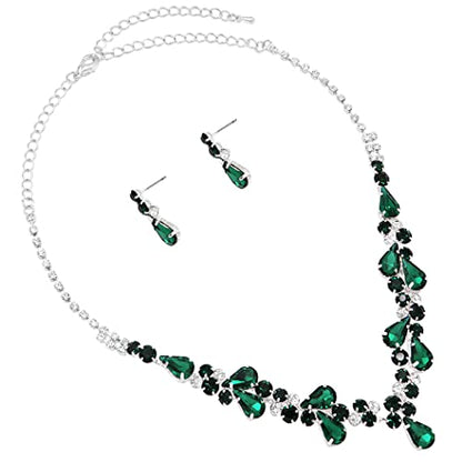 Rosemarie Collections Women's Stunning Rhinestone Crystal Teardrop Statement Necklace Hypoallergenic Drop Earrings Set, 15"+6" Extender - color: Emerald Green Silver Tone