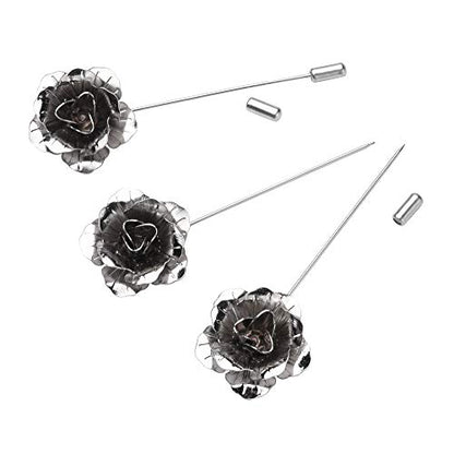 COSMOS Pack of 3 Men's Suit Metal Rose Lapel Flower Pin - color: Silver Tone