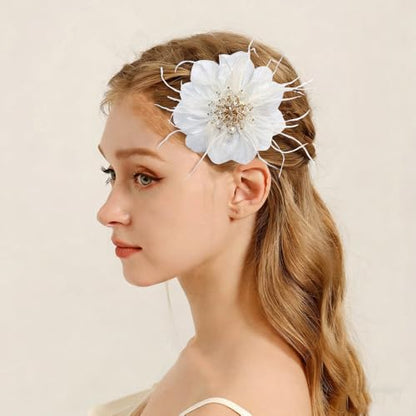 4" Crystal Feather Flower Brooch Pin for Women Girls Dainty Bright Satin Rhinestone Floral Brooches Lapel Hair Pins Elegant Wedding Cocktail Prom Party Hat Bag Suit Clothing Dress Accessories Jewelry Gift - color: White