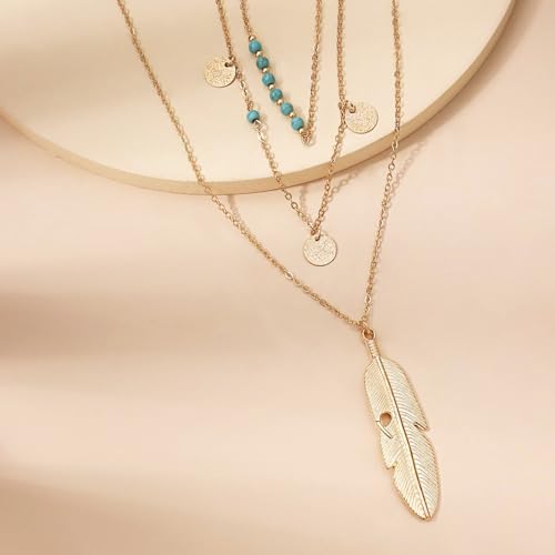 Gold Layered Necklace for Women Summer Boho Layered Stacked Pendant Necklace Country Concert Necklace Turquoise Coin Long Necklace - color: C