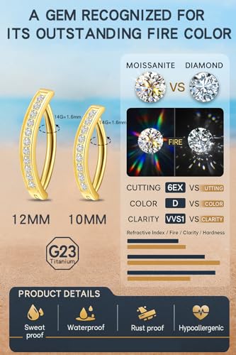 VOJO Moissanite Clicker Belly Button Ring, Titanium 2 Pcs 10&12mm Reverse Curved Hoop Navel Barbell Piercing Jewelry - color: Yellow Gold