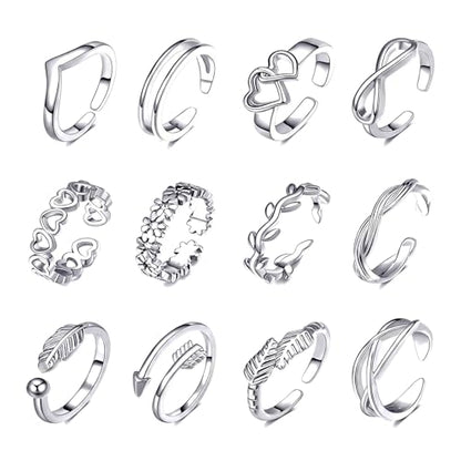 12 Pack Adjustable Toe Rings for Women, Plated Toe Ring Set, Summer Beach Open Toe Rings with Flower Arrow Tail Designs, Barefoot Foot Jewelry and Pinky Rings