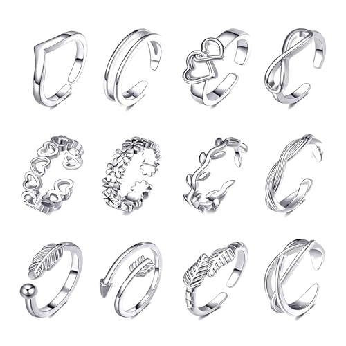 12 Pack Adjustable Toe Rings for Women, Plated Toe Ring Set, Summer Beach Open Toe Rings with Flower Arrow Tail Designs, Barefoot Foot Jewelry and Pinky Rings
