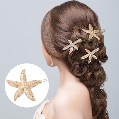 PAGOW 3 PCS Starfish Hair Clips, 3 Styles Gold Rhinestone Hair Clips, Faux Pearl Crystal Sea Star Wedding Headpiece Hair Accessories For Women Bride - color: 3pcs-gold,style2
