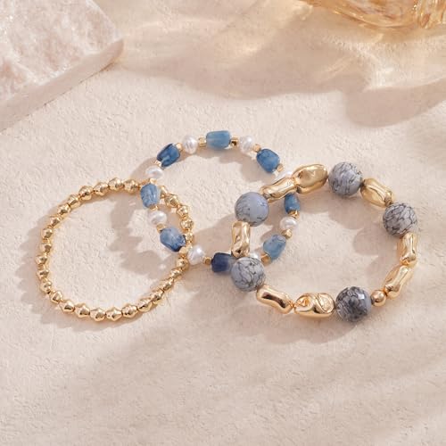 Boho Beaded Stretch Bracelets For Women Stackable Crystal Gold Plated Beaded Bracelets Set Trendy Handmade Friendship Braeclet Jewelry Gifts - color: L-Blue gold 3pcs