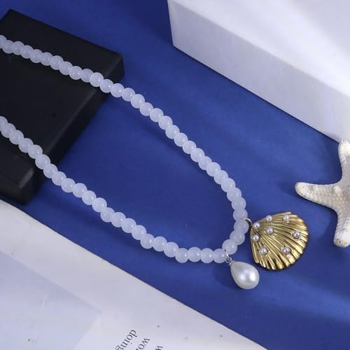 Fish Shell Necklace for Women, Beaded Necklaces Boho Statement Necklace, Pearl Necklaces Summer Beach Vacation Dress & Costume Jewelry - color: White-shell