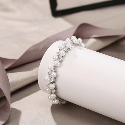 EVER FAITH Cubic Zirconia Pearl Bridal Prom Tennis Bracelet for Women | Elegant Pear CZ Wedding Jewelry Gift, for Bride Bridesmaid - style: Drop_Silver-Plated-Brass