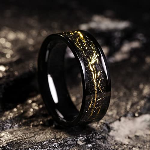 King Will Mens Wedding Band with Foils Inlay, Black/Silver/Gold Beveled Edge Glowstone Ring, 6mm/8mm Tungsten Carbide Rings Comfort Fit - color: Pipe Cut-Black&Gold-8mm