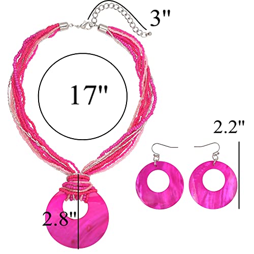 Coiris Multi Strand Statement Colorful Beaded Necklace with Big Circle Shell Pendant for Women - color: Rose