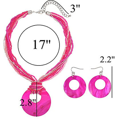 Coiris Multi Strand Statement Colorful Beaded Necklace with Big Circle Shell Pendant for Women - color: Rose