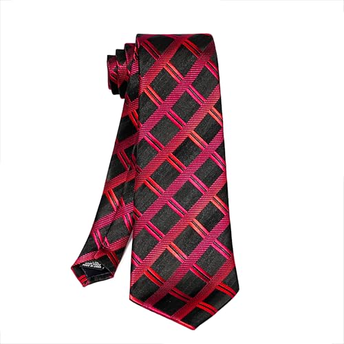 5PCS Mens Silk Tie, Pocket Square, Cufflinks, Drilled Tie Ring and Lapel Pin Set for Wedding Groom Party - color: Red Plaid Tie Set -131+3