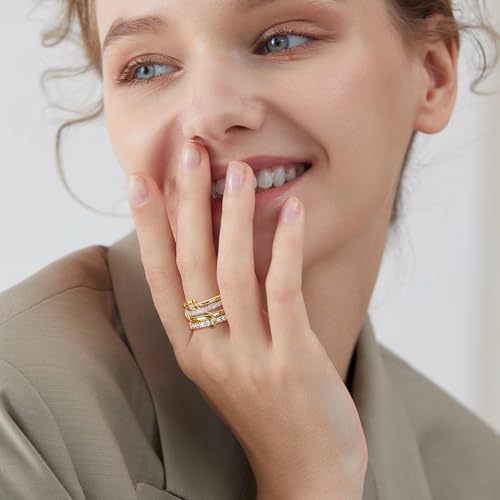18K Gold-Plated Interlocked Ring for Women, Non Tarnish CZ Band | Interlocked inseparable one-piece ring for women. Triple & quadruple linked styles, non-tarnish CZ jewelry for daily wear - color: Gold Sliver