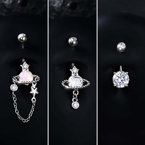 Jewseen 3PCS Belly Button Ring Dangle Surgical Steel Zircon Opal Moon Star Planet Space Design Navel Ring 14G Curved Barbell Fashion Piercing Jewelry - color: planet