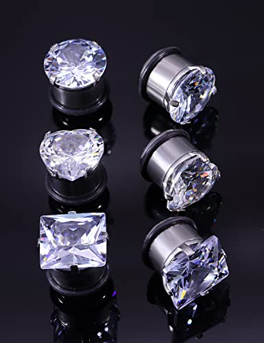 8G 6G 4G 2G 0G 1/2 inch Stainless Steel Ear Gauges - Round, Square, Heart, Cubic Zirconia - 3mm to 12mm - Silver, 3 Pairs - color: Gauge=1/2"=12mm