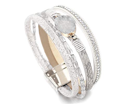 Fesciory Leather Wrap Bracelet for Women, Boho Western Layered Cuff Jewelry | Stackable Bracelets, Easy-On Clasp, Daily Wear, Pairs with Boho Western Outfits, Gift for Women - color: White2