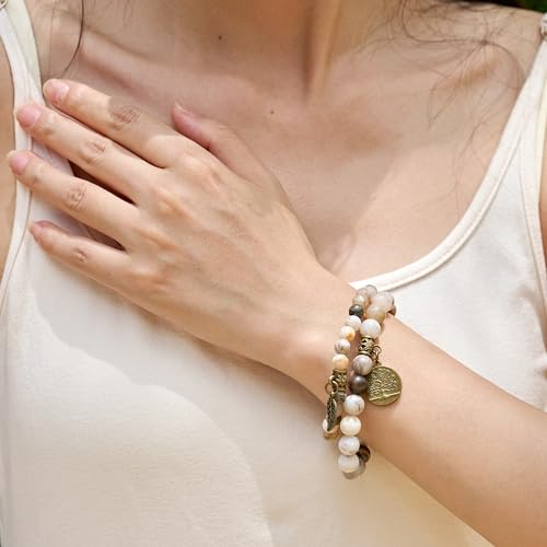 Bivei Natural Semi Precious Gemstone beads bracelet for women - Life Tree and Leaf Charm Energy Reiki Crystal Stretch Bracelets - color: Bamboo Leaf Agate Bracelet Set, size: Medium:6.8-7.24inch