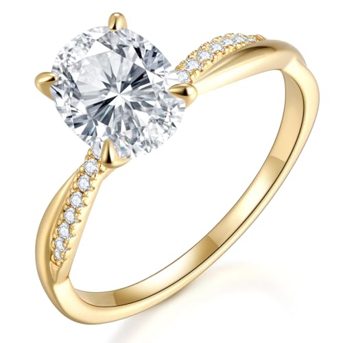 Radiant Cut Moissanite Engagement Ring for Women, Bezel Set Solitaire Ring | D Color VVS1 925 Sterling Silver 14K Gold Plated Wedding Ring, Available in 2CT 3CT 5CT, Diamond Alternative Promise Jewelry - style: 02 - Yellow Gold - 2CT Oval Moissanite