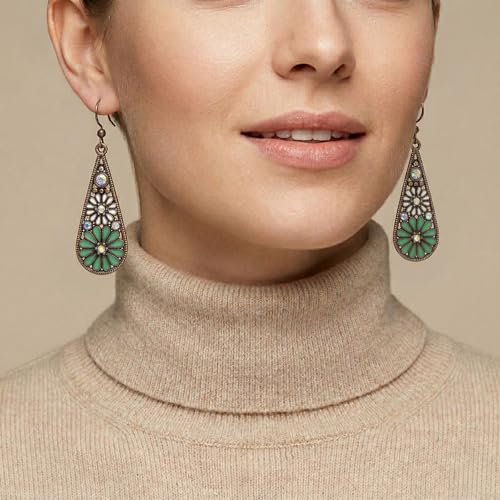 Bohemian Crystal Teardrop Dangle Earrings, Copper, Tribal Geometric Design, Handmade National Style for Women - color: Light Green