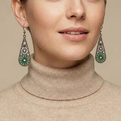 Bohemian Crystal Teardrop Dangle Earrings, Copper, Tribal Geometric Design, Handmade National Style for Women - color: Light Green