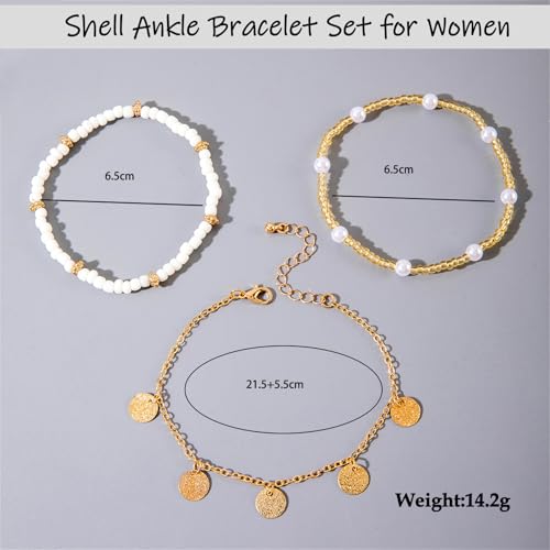 Shell Ankle Bracelet Set for Women,Boho Adjustable Beads Anklet Pack Natural White Shells Stack Stretch Seashell Pearl Starfish Bracelet Set Hawaiian Beach Vacation Foot Jewelry - style: B-Beads Disc 3Pcs