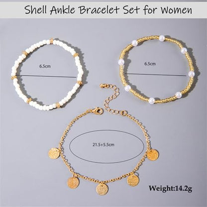 Shell Ankle Bracelet Set for Women,Boho Adjustable Beads Anklet Pack Natural White Shells Stack Stretch Seashell Pearl Starfish Bracelet Set Hawaiian Beach Vacation Foot Jewelry - style: B-Beads Disc 3Pcs